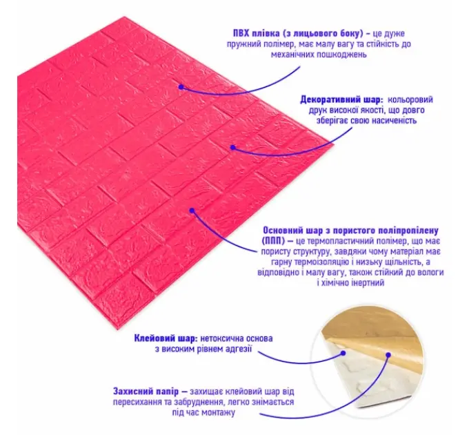 Самоклеюча 3D панель під цеглу Rose red 700х770х5мм 